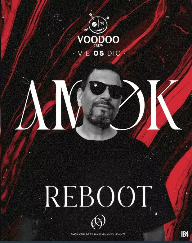 Portrait of a DJ wearing sunglasses in front of a dark red and black abstract background, promoting the AMØK Reboot by Voodoo event.