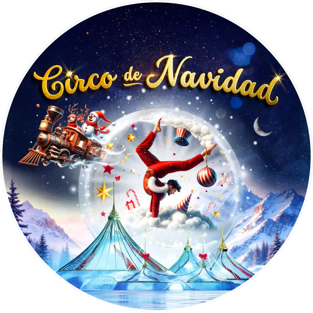 Christmas-themed circus poster showing an acrobat inside a snow globe with festive decorations.
