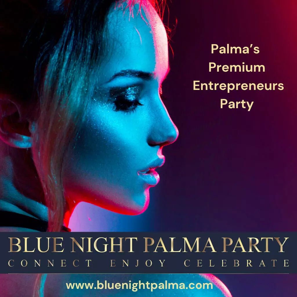 Side-profile portrait of a woman in dramatic blue and pink neon lighting, used as promotional imagery for the Blue Night Palma Party, an entrepreneurs’ networking event.