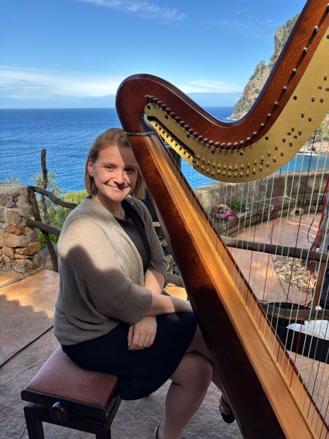A person sits beside a large harp on an outdoor terrace overlooking the sea and rocky cliffs, with sunlight illuminating the scene.