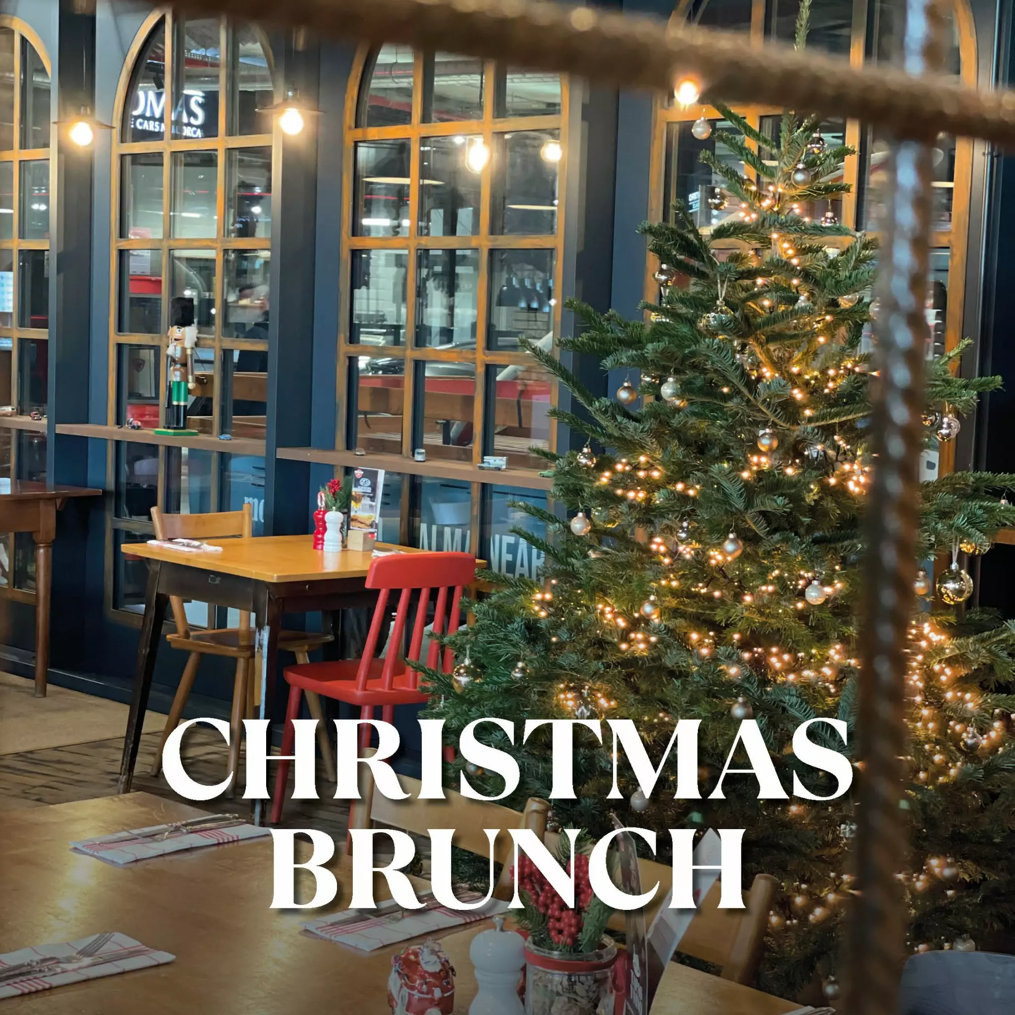 Christmas brunch setting inside Motorworld Mallorca