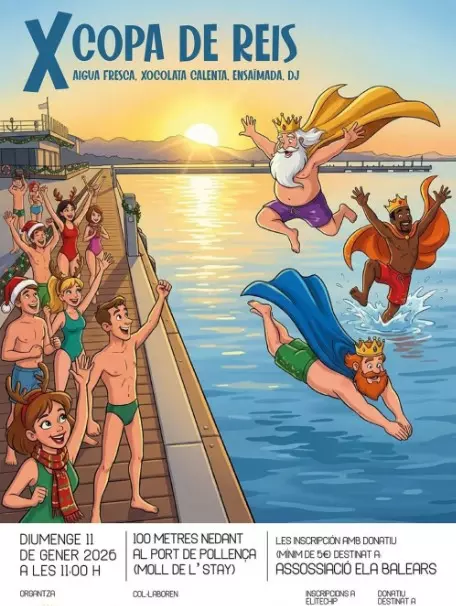 Illustrated poster of the Kings’ Cup swimming competition in Pollença harbour