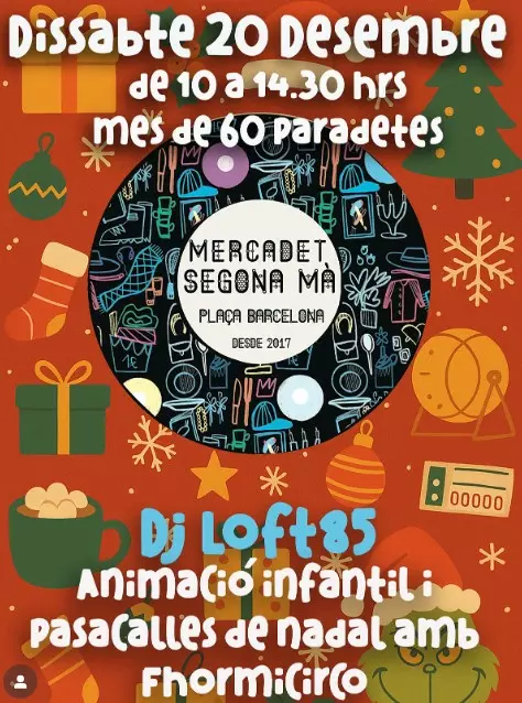 Colourful poster promoting a flea market at Plaza Barcelona with Christmas-themed illustrations.