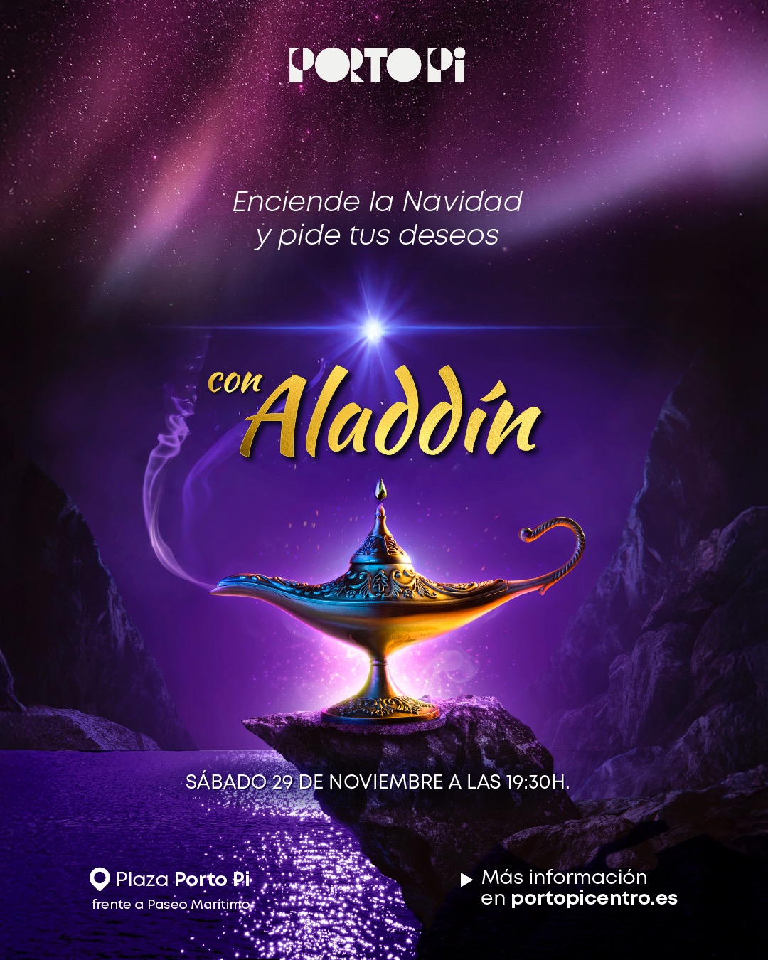 Golden magic lamp glowing on a rock with a purple night sky, used for Porto Pi’s Christmas lighting event featuring Aladdin.