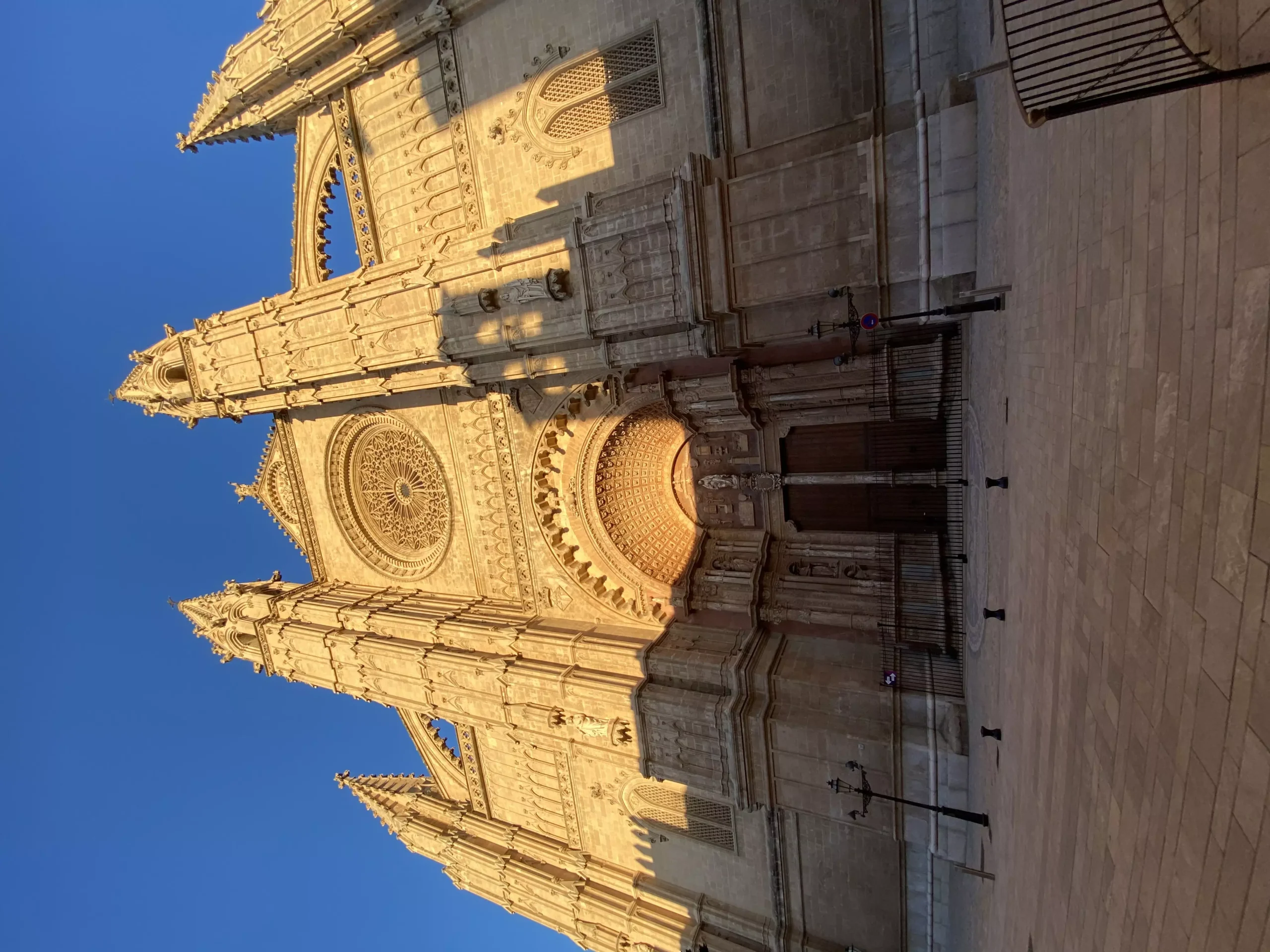 Facade of La Seu Cathedral in Palma de Mallorca illuminated by the warm light of the rising sun, showing its detailed Gothic architecture and large rose window.