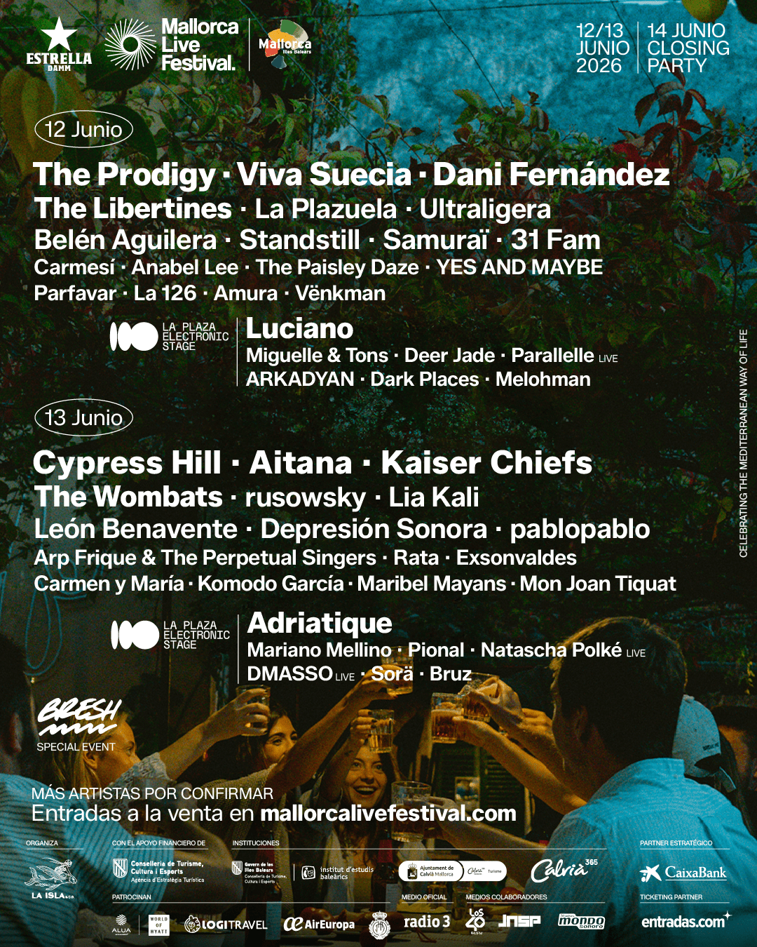 Mallorca Live Festival 2026 poster showing the June 12 and 13 line-up including The Prodigy, Cypress Hill, Aitana and Kaiser Chiefs.