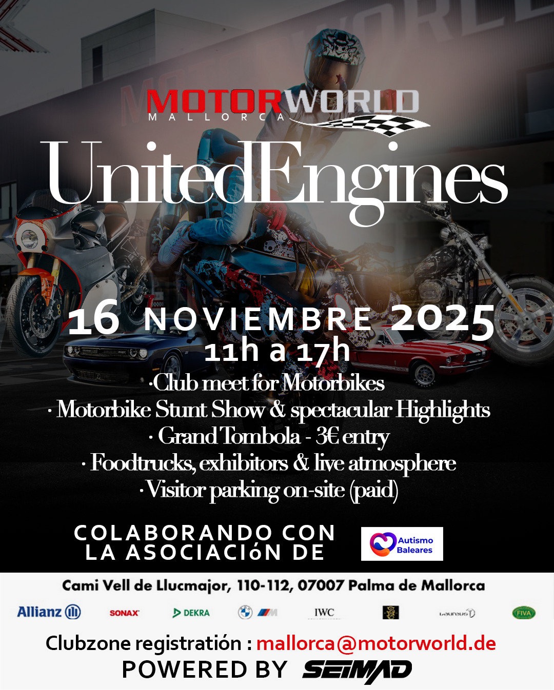 Event poster showing motorbikes and riders promoting the United Engines event at Motorworld Mallorca.