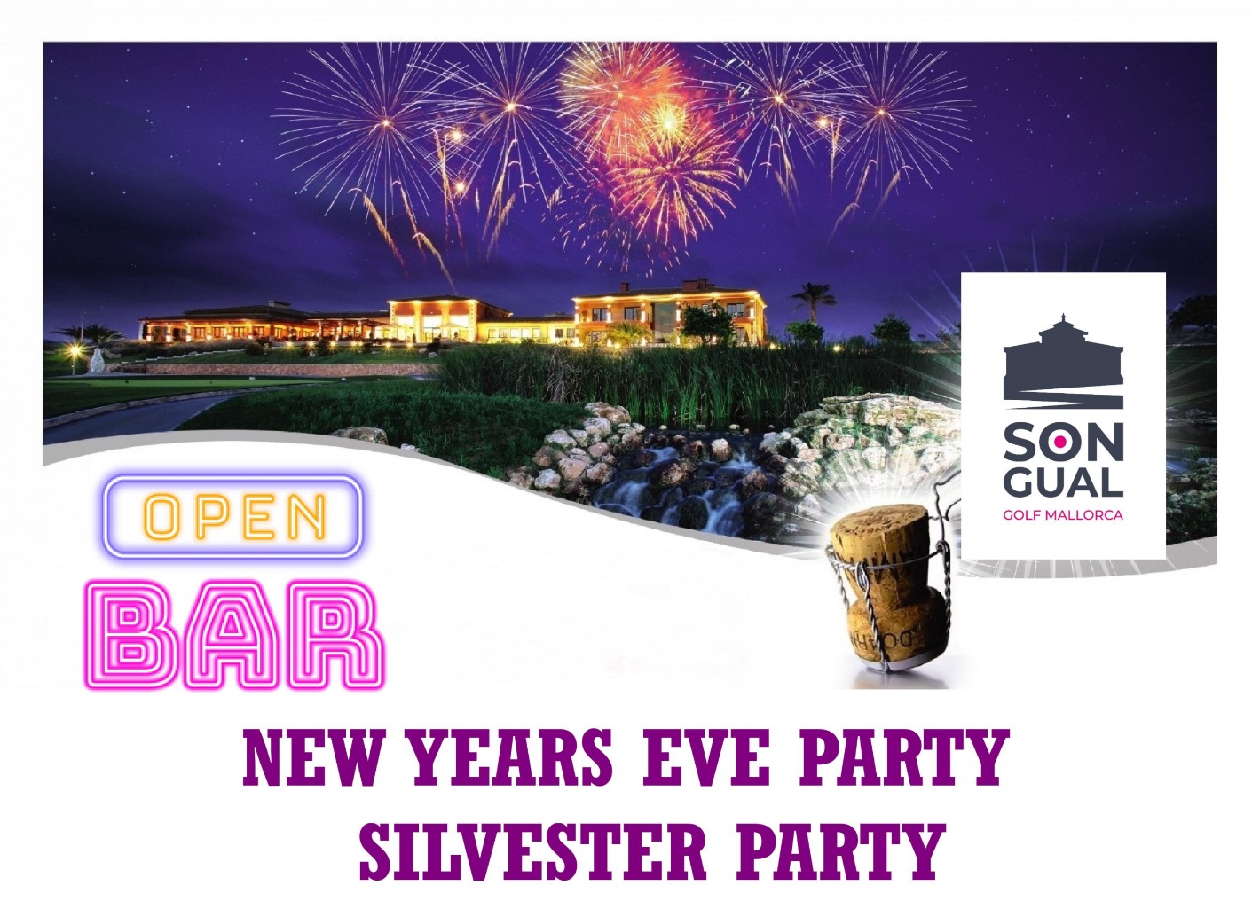Fireworks lighting up the night sky above Son Gual Golf, announcing a New Year’s Eve party.