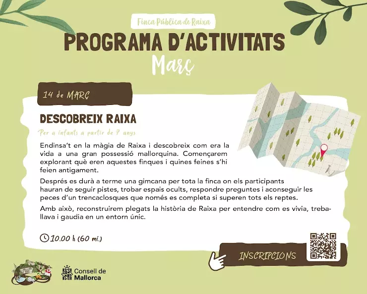 Activity poster for a children's discovery tour at Finca Raixa.