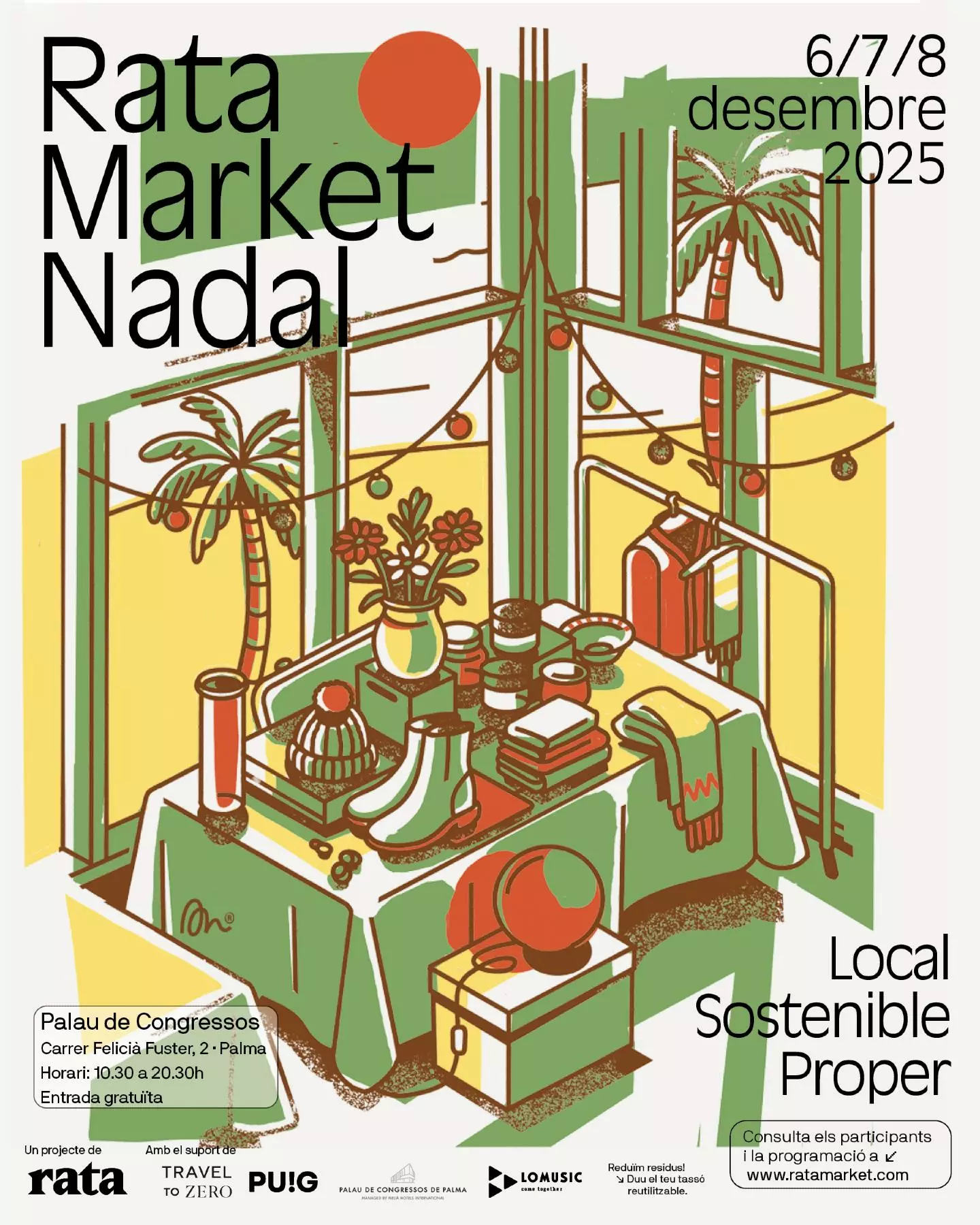 Illustrated poster for the 2025 Rata Market Christmas edition, showing a festive indoor market table with handmade items, plants, and string lights in warm green, red, and yellow tones.