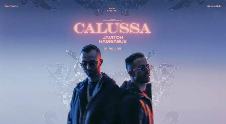 Promotional poster featuring two DJs standing back-to-back in a blue and purple neon atmosphere, with the name “Calussa” in glowing letters above them.