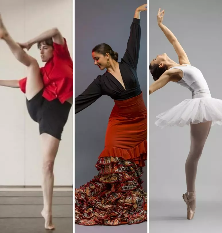 Dancers performing ballet, flamenco, and contemporary dance