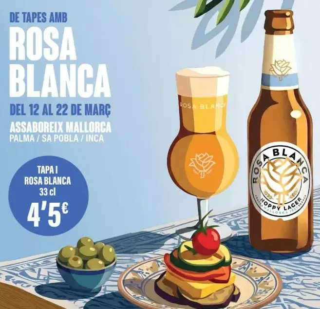 Illustrated poster for the Rosa Blanca tapas route with a beer bottle, a glass of beer and a tapa.
