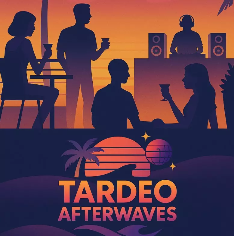 Silhouettes of people enjoying drinks at sunset while a DJ plays music, in warm orange and purple tones.