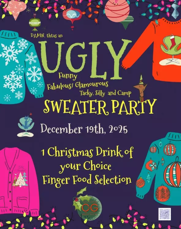 llustrated poster advertising an Ugly Sweater Christmas Party with colourful festive jumpers.