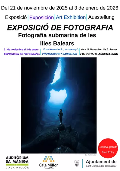 Poster for an underwater photography exhibition showing a diver illuminated by blue light inside a cave, with event dates and multilingual text about a photo exhibition in the Balearic Islands.