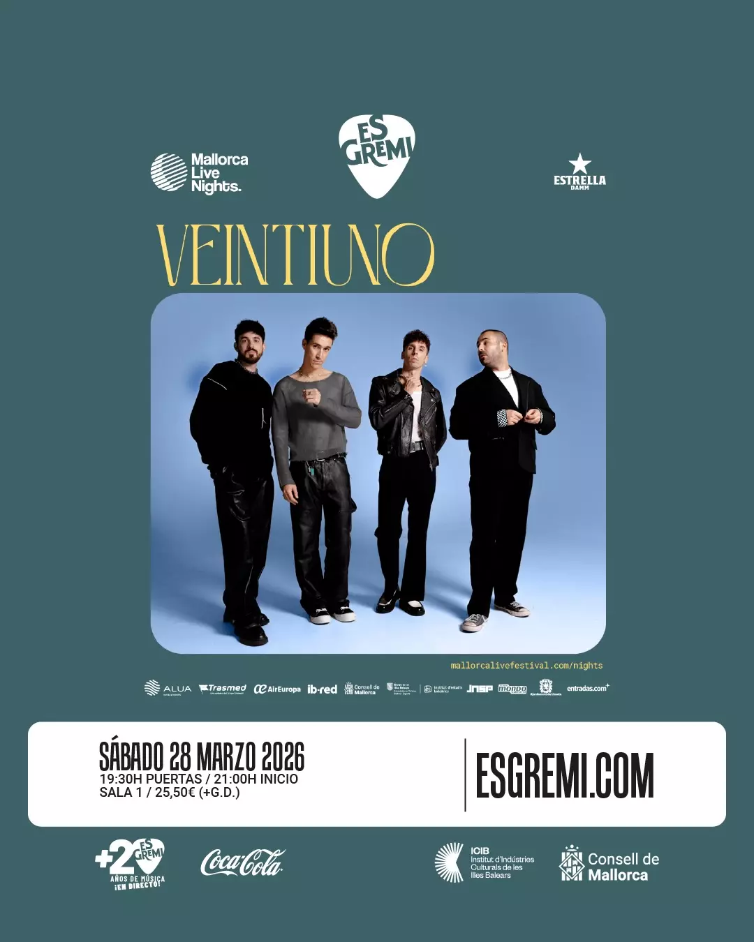 Promotional poster of Veintiuno band members standing together against a blue background