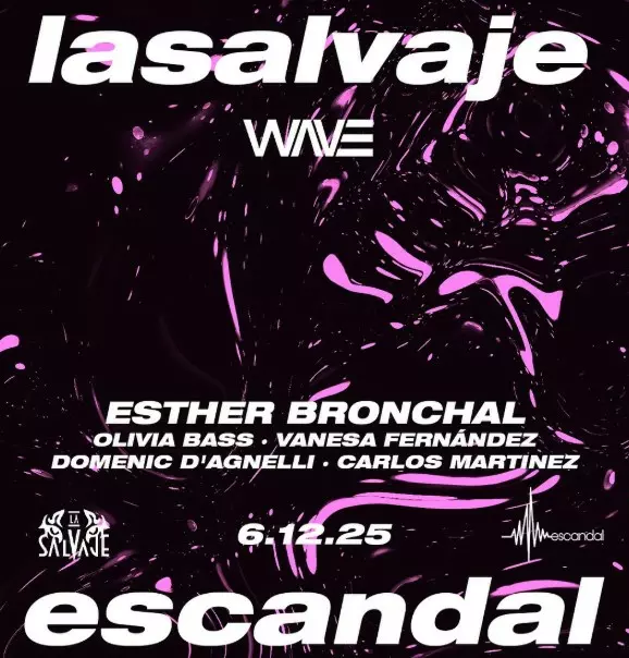 Poster for La Salvaje’s event at Wave Club with artist names over a black and pink abstract background.
