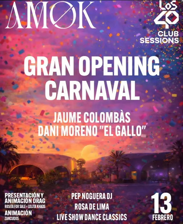 Carnival-themed event poster for a party at Amok Club in Palma