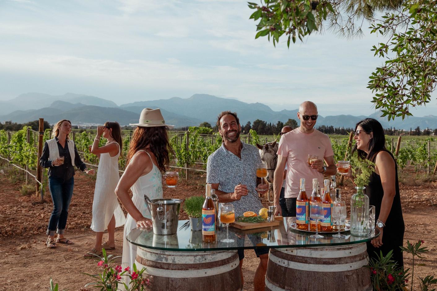 People enjoying drinks together at a table in a vineyard at Can Cavall farm.
