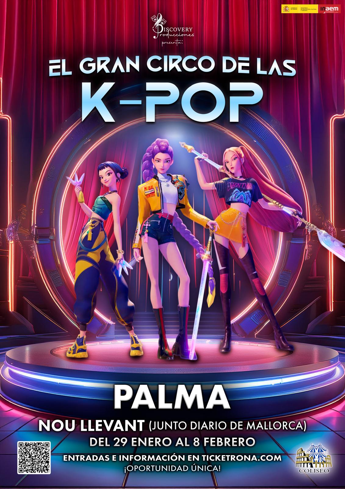 Poster for the K-Pop Circus show in Palma featuring three animated female performers on a stage