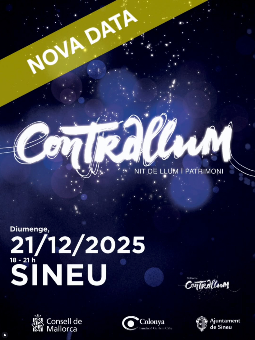 Poster for Contrallum, a Festival of Light in Sineu, with glowing lettering on a dark, starry background and the date 21/12/2025.