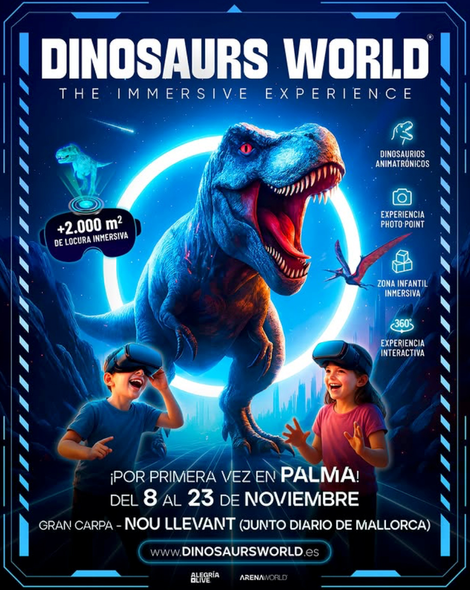 Promotional poster for “Dinosaurs World: The Immersive Experience” showing a large T. rex with children wearing virtual reality headsets, surrounded by glowing blue light and prehistoric imagery.