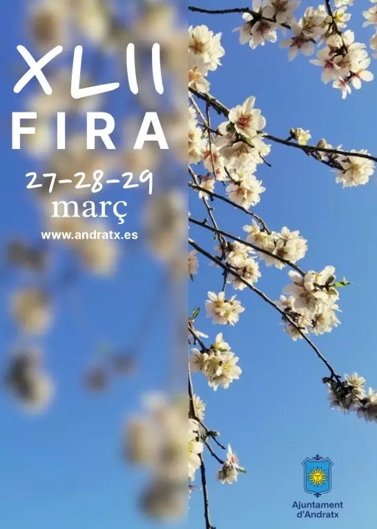 Almond blossoms on branches against a blue sky with event text overlay