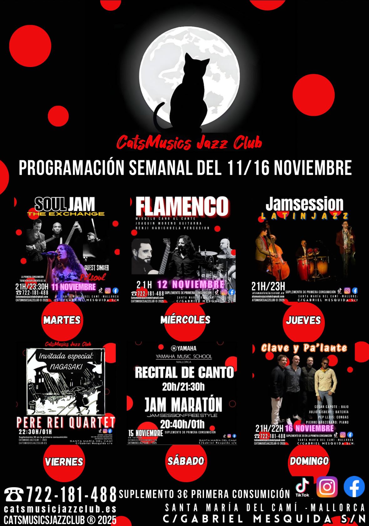 Poster-style image showing the band Clave y Pa'lante performing Latin jazz, with bright red accents and event information.