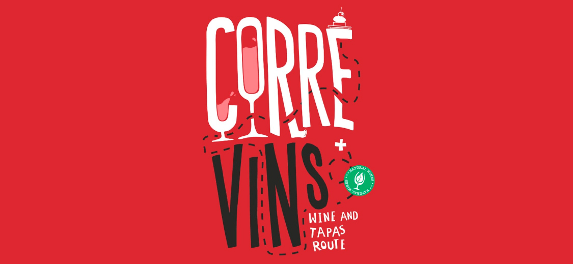 Corre Vins wine and tapas route poster on red background