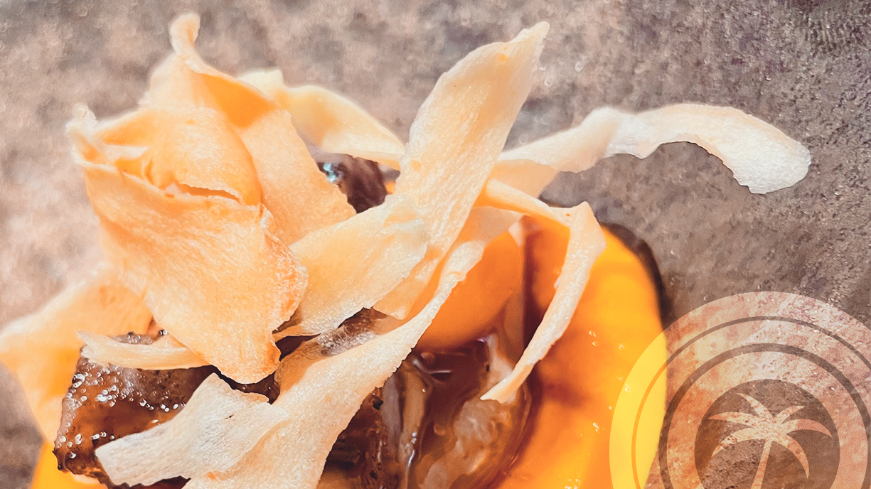 Gourmet dish topped with thin crispy vegetable shavings on a smooth orange sauce.