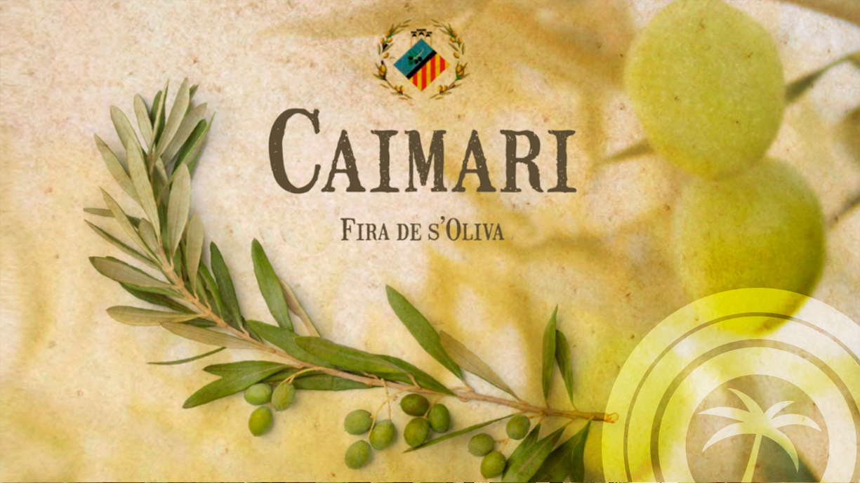 Poster of the Fira de s’Oliva in Caimari, featuring olive branches and green olives on a rustic beige background.