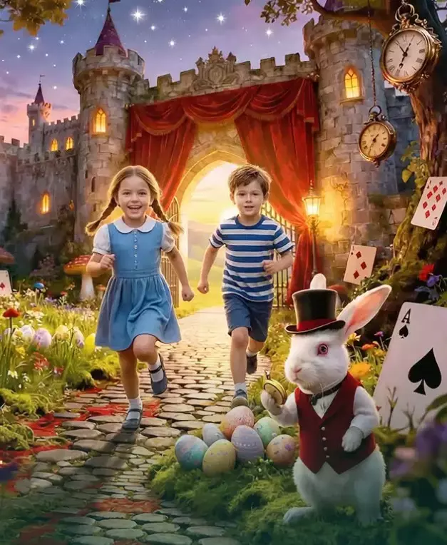 Children running through a fantasy castle setting with an Easter rabbit in front