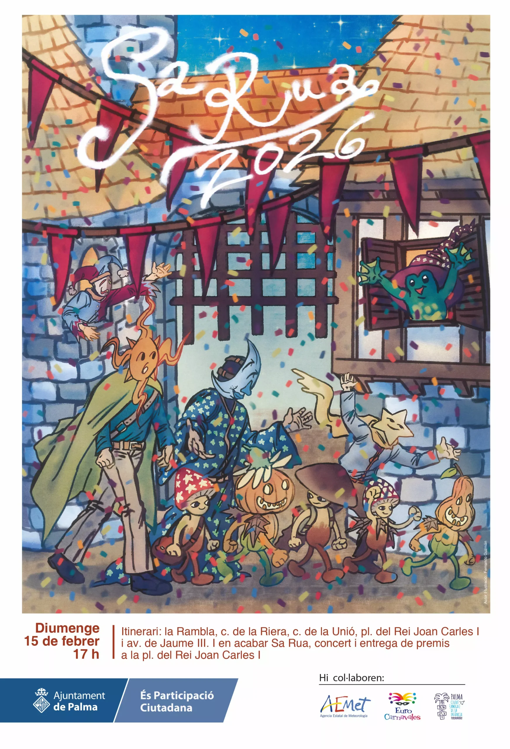 Sa Rua 2026 carnival poster showing confetti and costumed figures in Palma