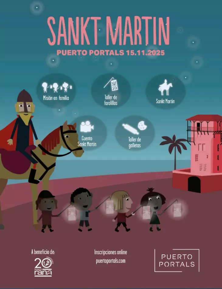 Illustrated poster for Sankt Martin 2025 at Puerto Portals, featuring Saint Martin on horseback and children with lanterns. Event date November 15, 2025, with activities such as lantern and cookie workshops, storytelling, and family mission. Benefiting the Rana Foundation.