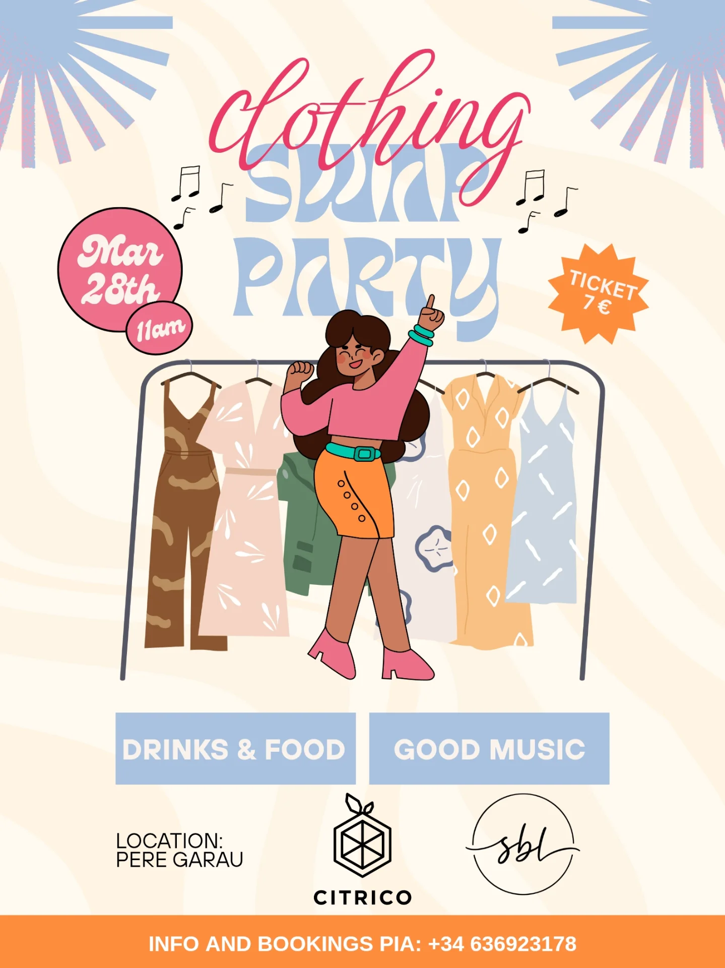 Illustration of a woman dancing in front of a clothing rack at a clothing swap party