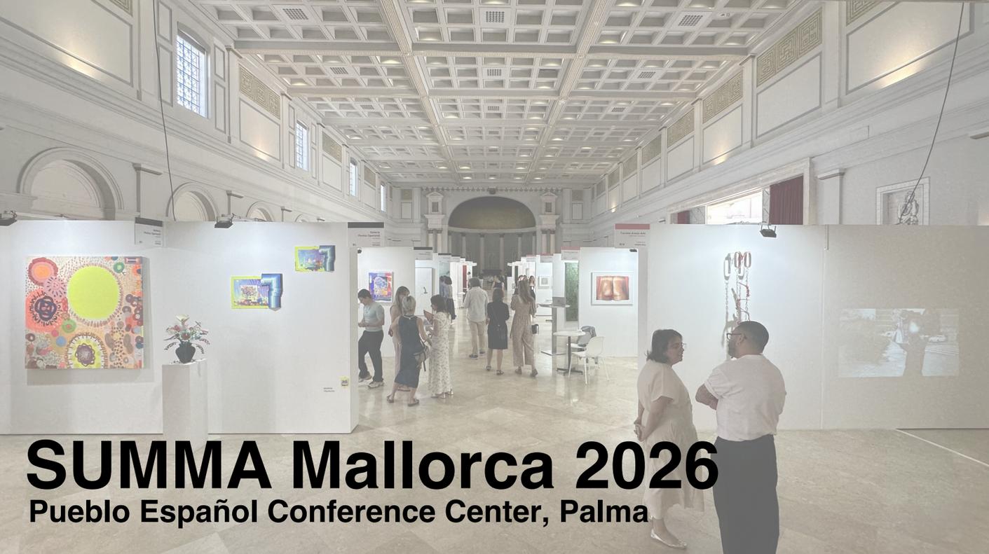 Visitors walking through a contemporary art fair inside the grand hall of Pueblo Español Conference Center in Palma, with gallery stands displaying colorful paintings and installations under a coffered ceiling.