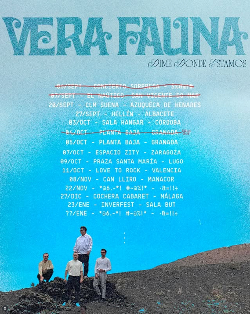 Promotional poster for the band Vera Fauna’s 2024–2025 tour “Dime dónde estamos”, listing concert dates including November 8 at Can Lliro in Manacor. The four band members stand outdoors on dark volcanic terrain under a bright blue sky.