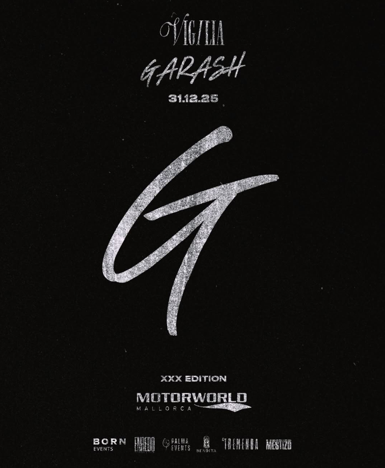 Black poster for New Year’s Eve party at Motorworld Mallorca with stylised 'G' graphic